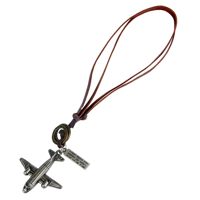 NIUYITID Necklace & Pendants Vintage Aircraft Plane Charm Jewelry For Men Women Brown Leather Rope Long Chain Bijou Gift (2)