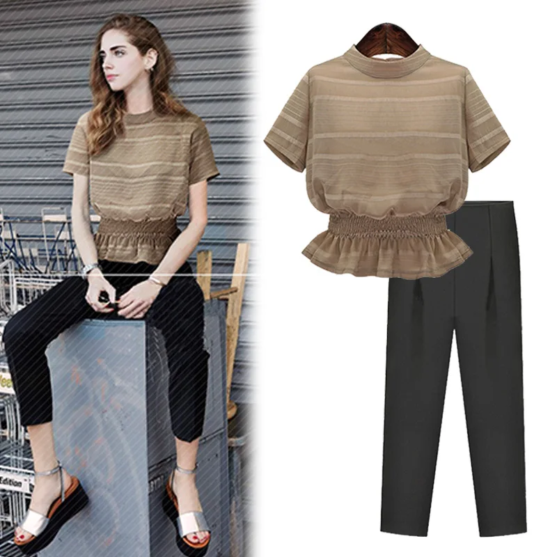 Summer Style 2016 Summer New Women's Set Casual O Neck Suit Shirt