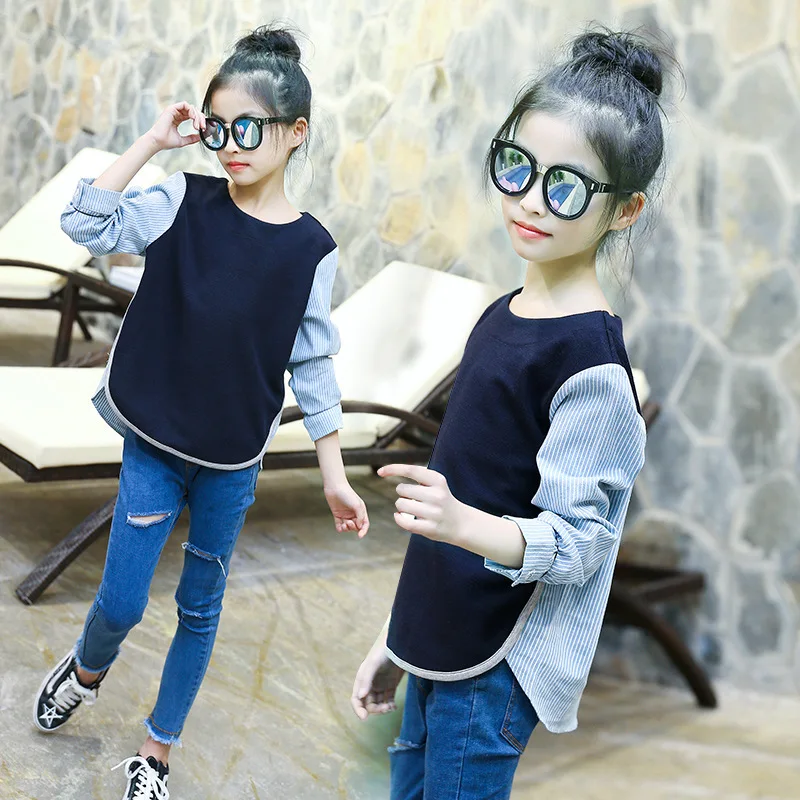 

Children's Girls New Pattern Rendering Unlined Upper Garment Spelling Spring Clothes Korean Round Neck T-shirts Kids Clothing