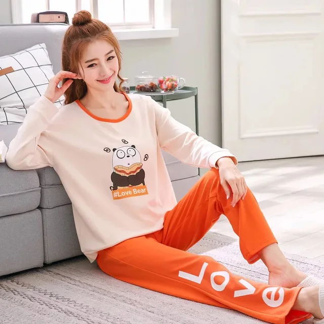 Spring Korean Style Ladies Pajamas Set Sleepwear Large Size Long Sleeve