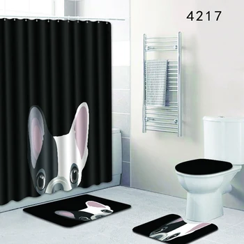 

HomeMiYN Bath Mat Lovely White Pug Black Shower Curtain Waterproof With 12 Hooks 4 Pieces Bathroom Floor Anti Slip Bath Mat Rug