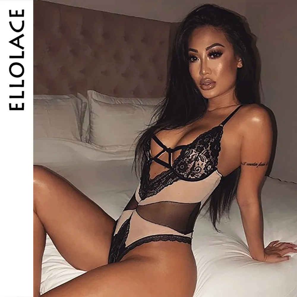 

Ellolace Deep-V Mesh Elegant Lace Bodysuit Women Patchwork Jumpsuit Backless Transparent Sexy Bodycon Bodys Overalls Rompers