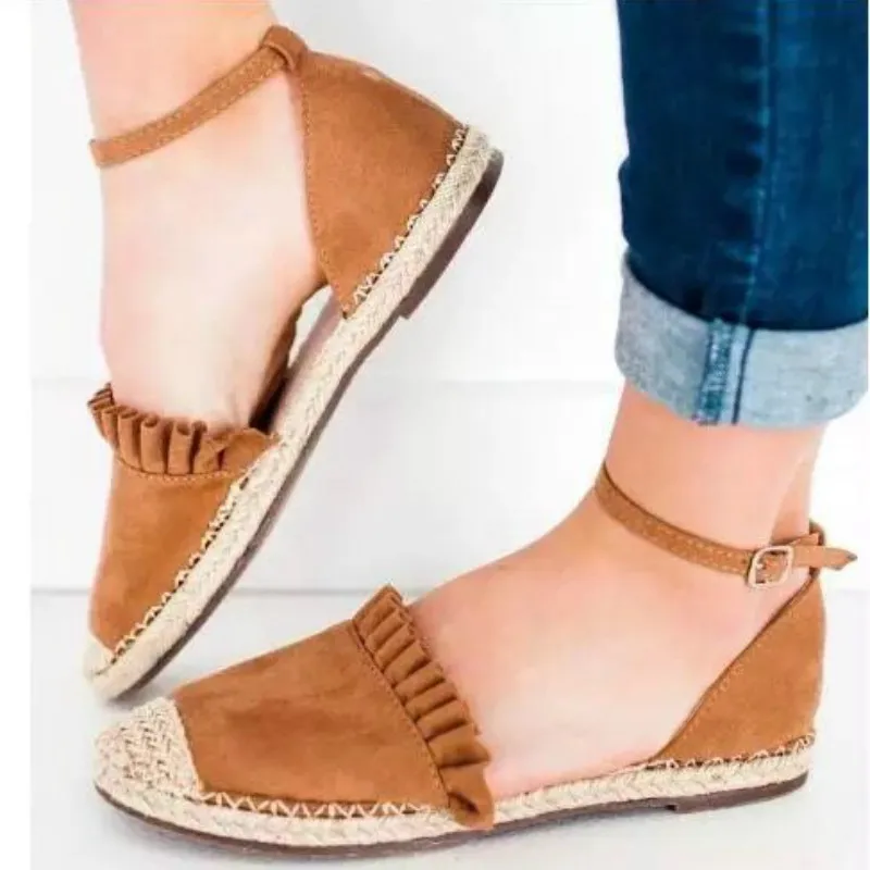 

Puimentiua 2019 fashion women flats summer retro casual shoes flat heel straw linen buckle ruffle zapatos mujer female footwear
