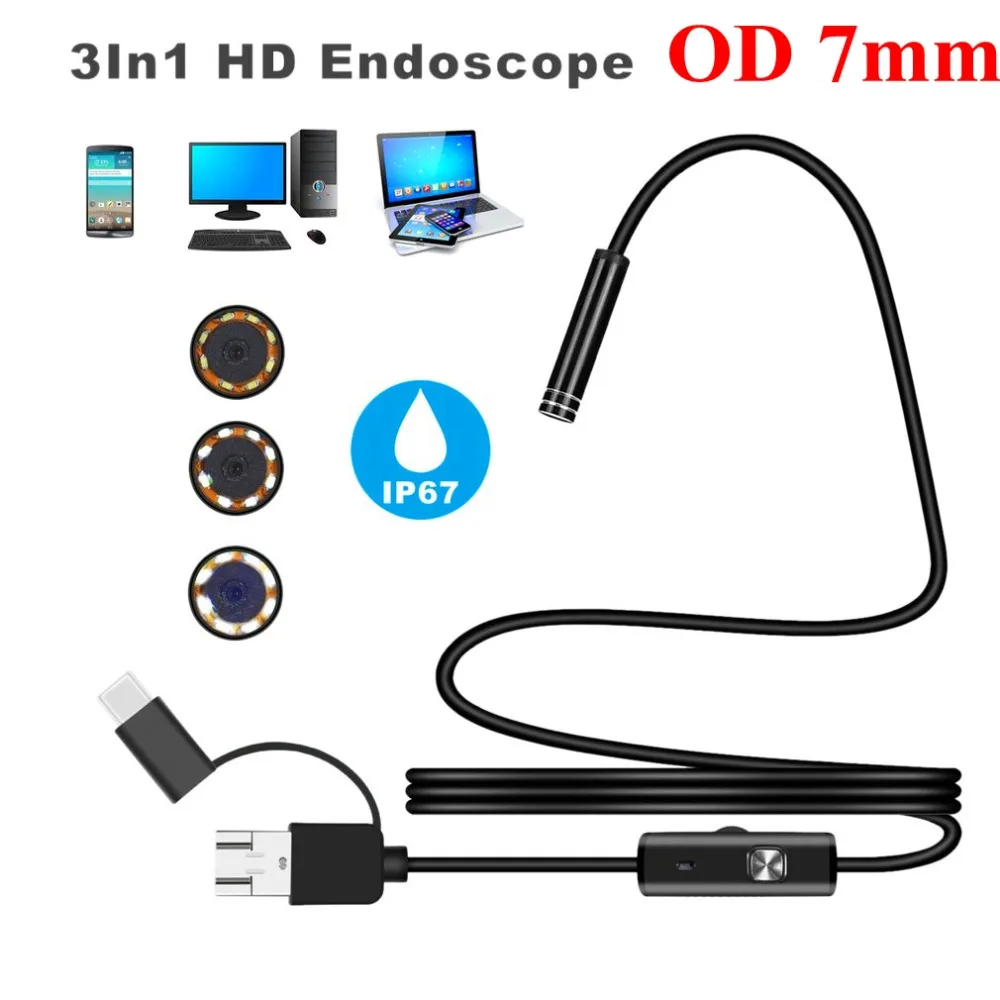 1 м 7 мм Micro USB/Тип-c/Android 3-в-1 компьютер эндоскоп бороскоп Водонепроницаемый Micro USB Камера инспекции труб