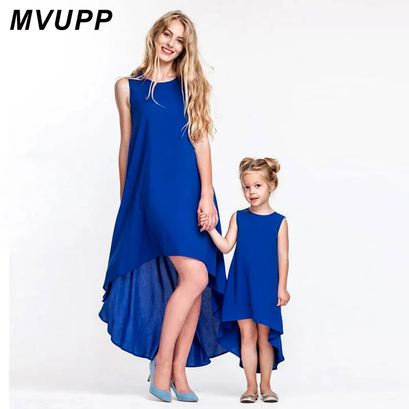 MVUPP mother daughter dresses family matching outfits crew blue solid behemian ankle-length mommy and me toddler girls clothing