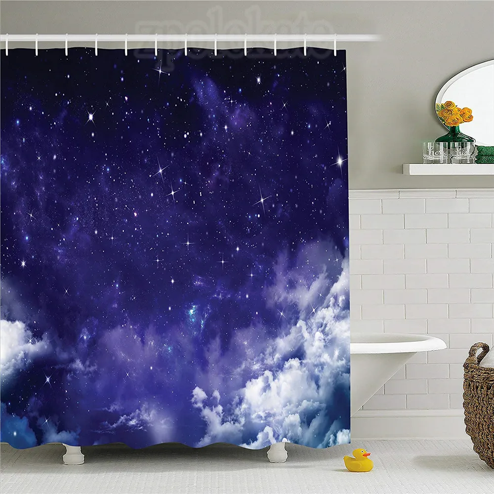 Space Shower Curtain Dreamy Night with Stars Clouds Comets Ethereal