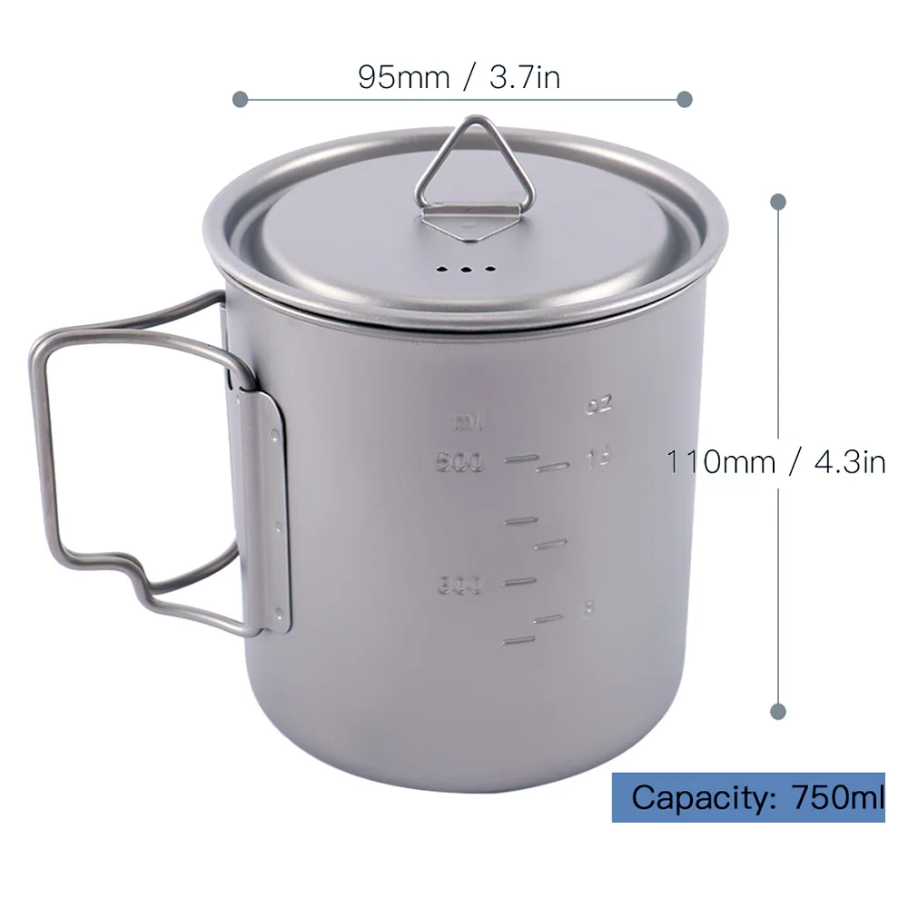 

750ml Ultralight Titanium Pot Portable Water Mug Cup with Lid Foldable Handle Outdoor Camping Cooking Picnic Tableware