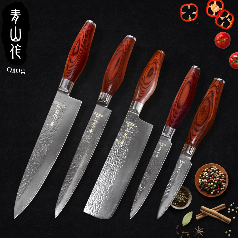 

QING Kitchen Knife Set 3.5" Fruit 5" Utility 7" Chopping 8" Slicing 8" Chef VG10 Damascus Knives Color Wood Handle Cooking Tools