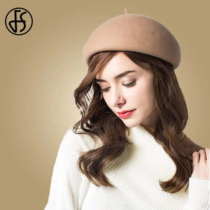 FS Ladies White Black Wool Beret Hat Women Winter Felt Berets Vintage