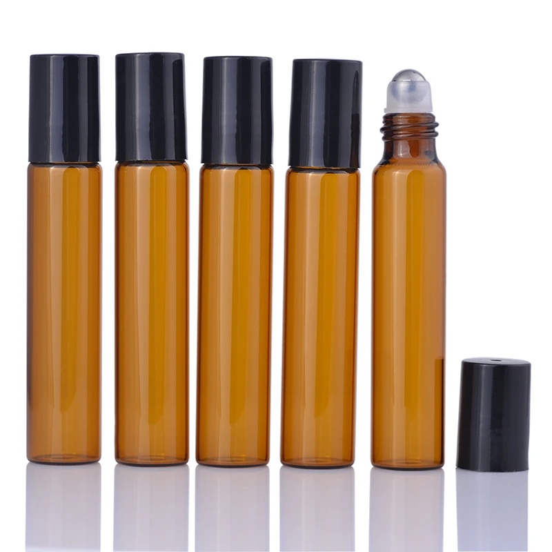 

300PCS/Lot 10ml Amber Roller Bottles For Essential Oils Roll-on Refillable Perfume Bottle Deodorant Containers With Black Lid