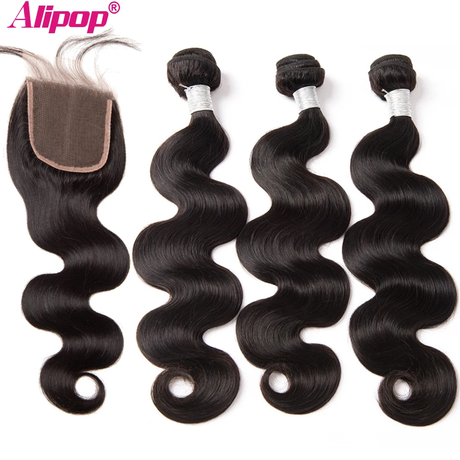 Malaysian Body Wave 3 Bundles With Closure Human Hair Bundles With Closure ALIPOP 4x4 Lace Closure With Baby Hair Remy 4PCS (2)