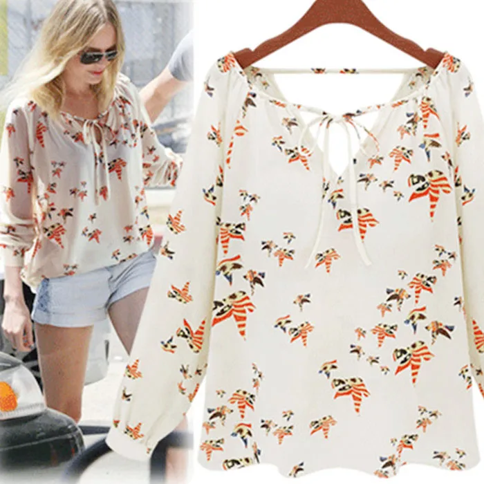 

# Vestido 2019 Women Summer Printing Casual Long Sleeve V-Neck Tether Camisa feminina Sexy Chiffon Floral Blouses17
