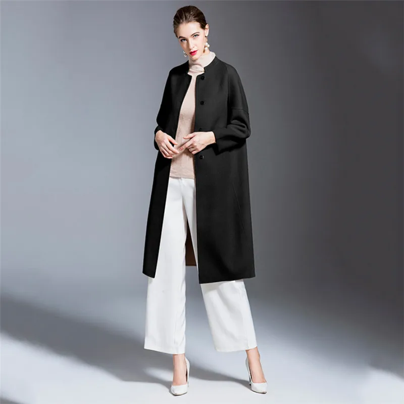 Теплое кашемировое женское длинное двухстороннее шерстяное пальто, Дамское осенне-зимнее роскошное пальто с поясом V1016