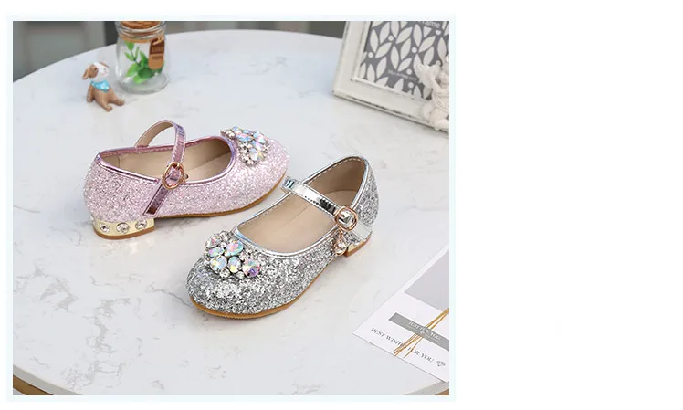 Новые детские обувь весна/осень кожаные ботинки девушки принцесса на низком каблуке со стразами из свиной кожи внутри хрустальные туфли