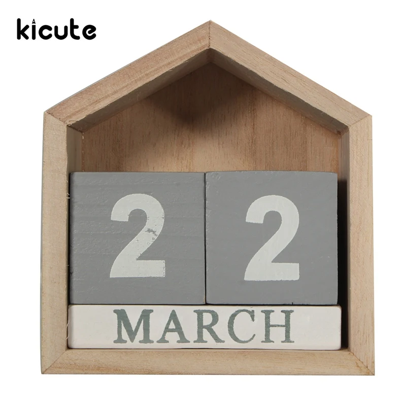 

Kicute Retro Design House Shape Perpetual Calendar Wood Desk Wooden Block Home Office Supplies Decoration Artcraft