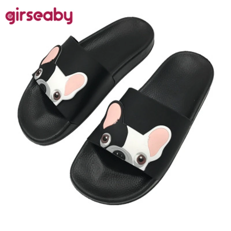 

Girseaby 2019 summer women Bulldog slippers Cartoon sandals flat comfortable beach shoes Cute Funny Bathroom Floor Home slippers