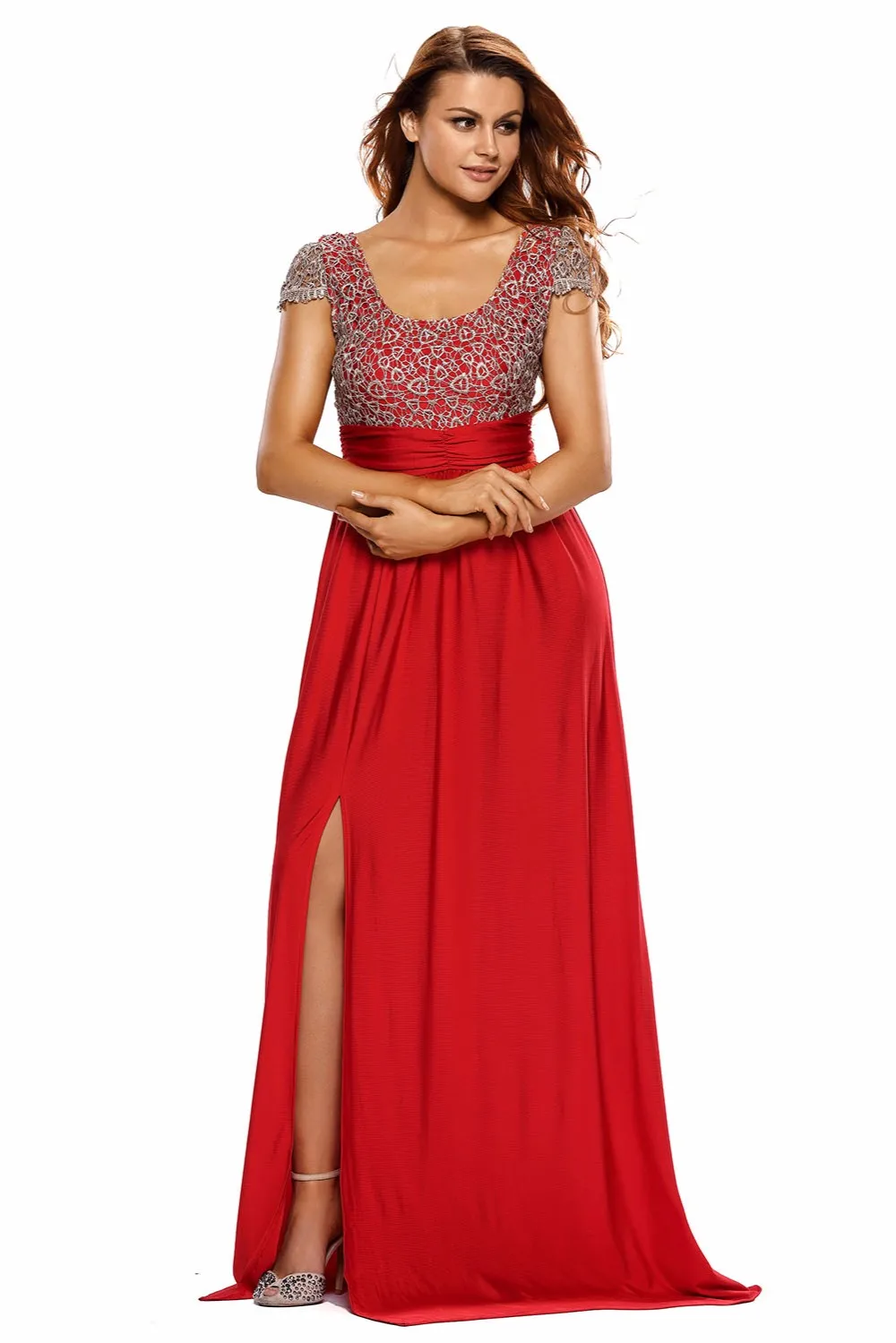 Amazing-Gold-Lace-Overlay-Red-Slit-Maxi-Evening-Gown-LC60809-3-5