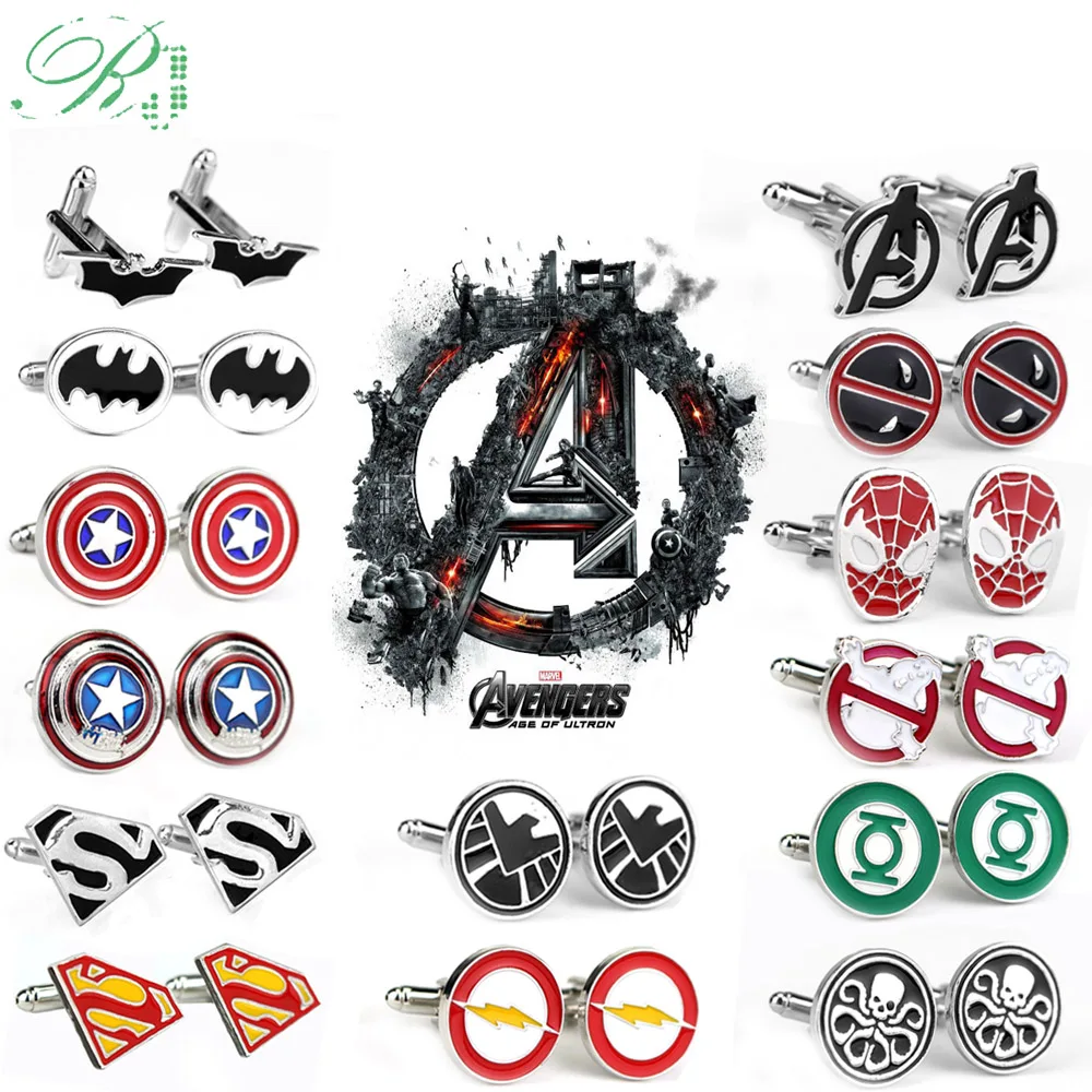 

RJ Avengers Cufflinks Captain America Thor Batman Ghostbusters Deadpool Flash Men Tie Clips Buttons Cufflinks Jewelry Gift