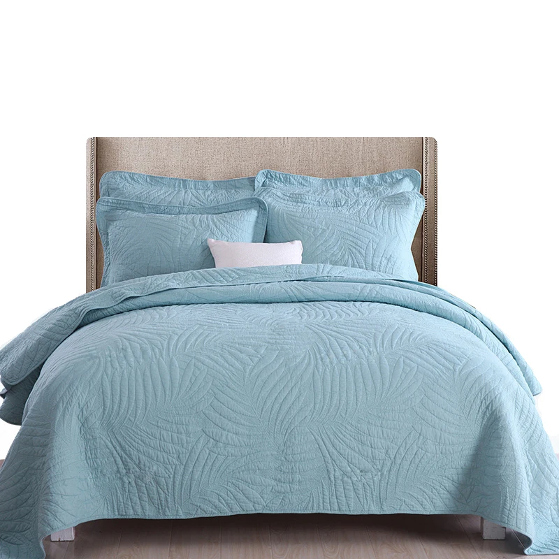 Quality Solid Bedspread Quilt Set 3PCS Embroidered Bed Cover Cotton