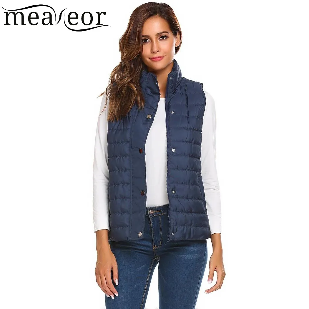 Meaneor Women Vest Autumn Winter Warm Stand Collar Zip Up Solid Lightweight Casual Ladies with Pocket Female Outwear Tops | Женская