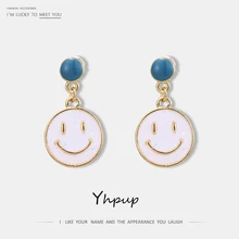Pendientes colgantes redondos con cara de sonrisa dulce a la moda de Yhpup esmalte de aleación de zinc geométrica amarillo Brincos Oorbellen para regalo de cumpleaños de niña(China)