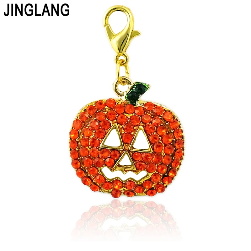 

JINGLANG Fashion Charms With Lobster Clasp Orange Rhinestone Pumpkin Mask DIY Halloween & Christmas Decoration Gift Jewelry