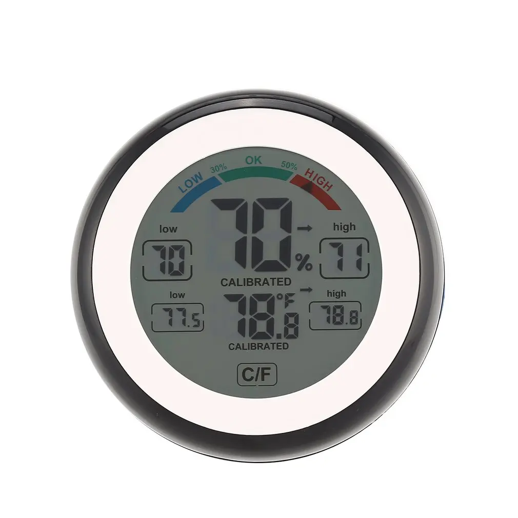 

Round LCD Touchscreen Indoor Temperature Hygrometer Weather Station Digital Backlight Touch Screen Time Clock Thermometer