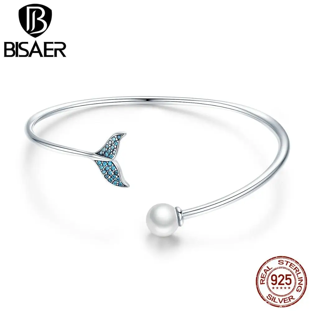 

BISAER Hot Fashion Authentic 925 Sterling Silver Blue Fish Tail Link Chain Bracelet For Women Engagement Party Wedding HSB123