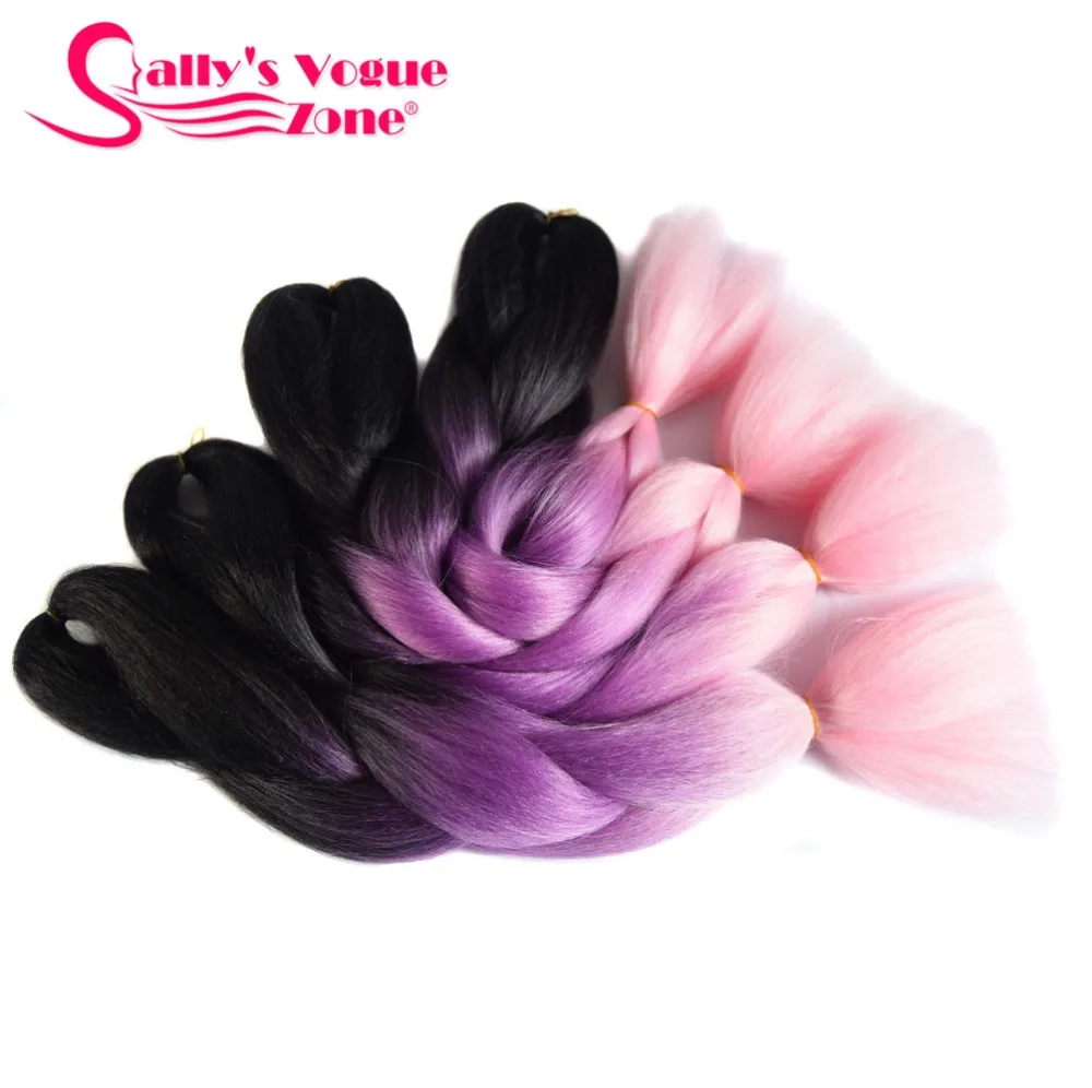 Sallyhair 24inch Ombre 3 Tone Black Purple Light Pink Color Synthetic Braiding Hair Extension Bulk Hair Braids