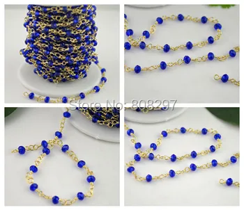 

HOT! 4MM Wire Wrapped Beaded Chains 24k Gold Color Rosary chain Deep blue Crystal faceted beads