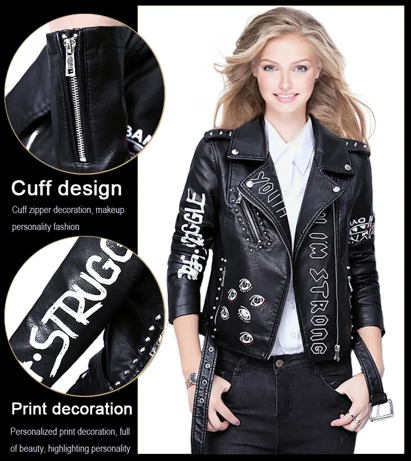 Женская кожаная куртка с заклепками и принтом букв, байкерская куртка в стиле панк, черная куртка из искусственной кожи, jaquetas couro Casaco chaquetas belt Jacket