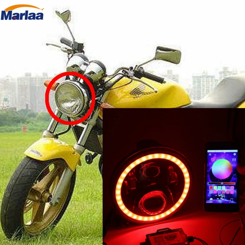

7 inch LED Headlights RGB Halo Ring Multicolor DRL Bluetooth Remote Control for Honda CB400 CB500 CB1300 Hornet 250 600 900 VTE