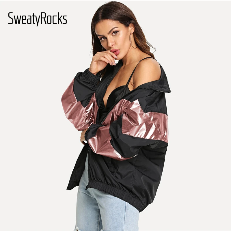 SweatyRocks черная металлическая вставка с заниженным плечом куртка с воротником-стойкой с цветными блоками осеннее женское повседневное пальто на молнии
