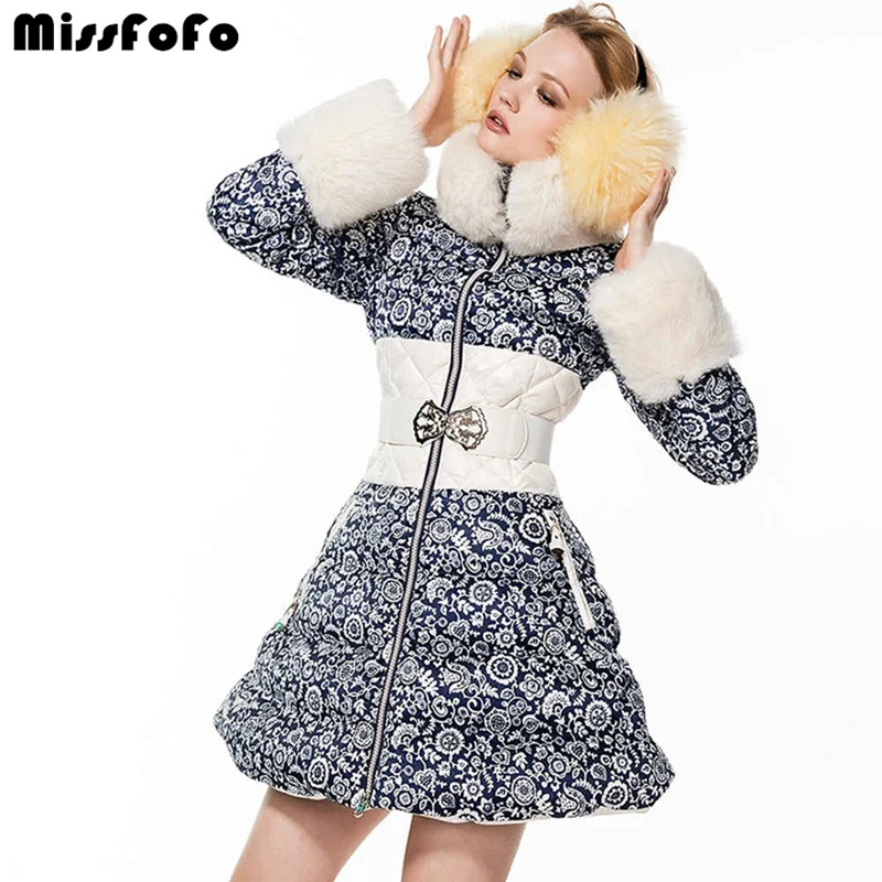 

MissFoFo Brand Women Down Coats and CLJ Jackets Real Rabbit Fur Slim Dress-Down Waist Long Duck Down Coat Women's Clothing Parka