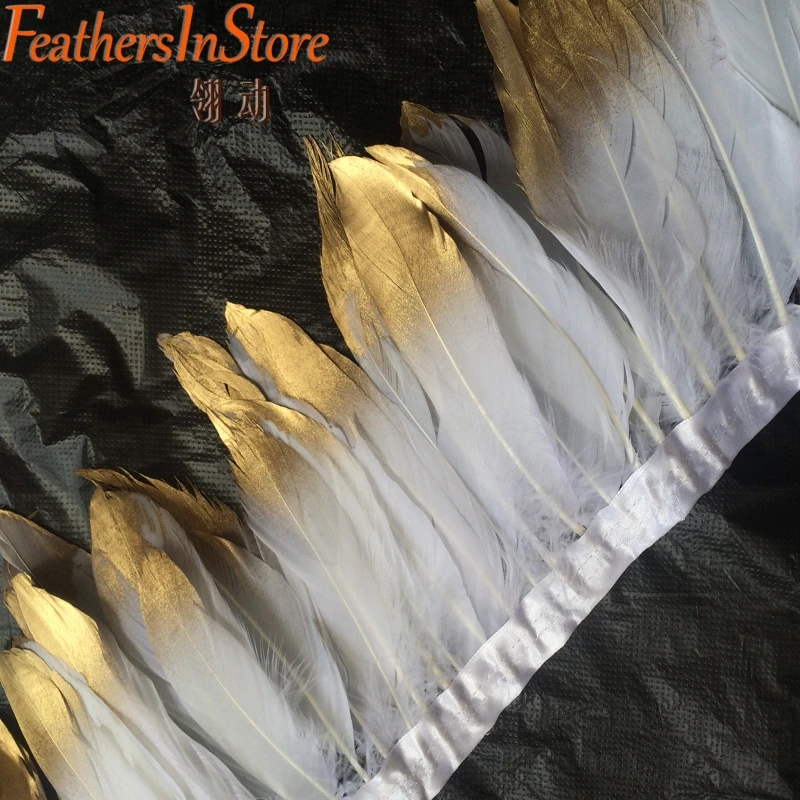 10 м/шт золотое покрытие гусиное перо бахрома белое украшение из гусиных перьев атласная лента для юбки