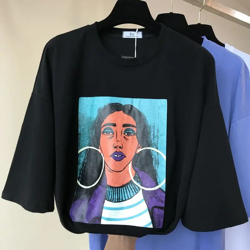 

korean 2019 spring new fashion round neck pullover loose character pattern wild casual bottoming shirt top