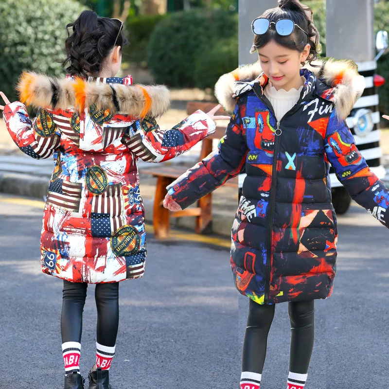 

Girls Winter Fashion Multi-color Big Fur Collar Hooded Outerwear Coats Children Warm Cotton-padded Jackets Girl Casual Jacket