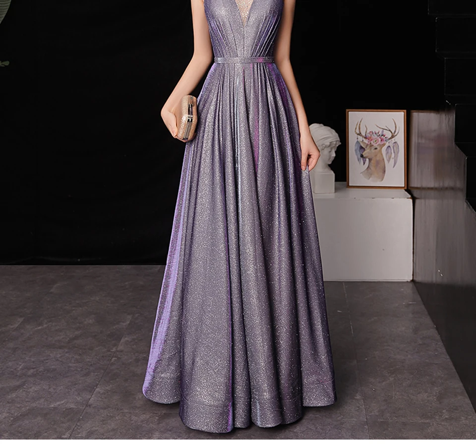 LAMYA Robe De Soiree светоотражающее платье с v-образным вырезом и кристаллами, длинное вечернее платье, элегантное блестящее платье для выпускного вечера
