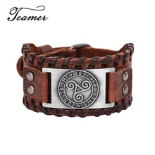 Teamer, винтажный кельтский символ, трискель, металлические браслеты для женщин и мужчин, натуральная кожа, Браслет-манжета, браслет, Wicca, руны, амулет, ювелирное изделие