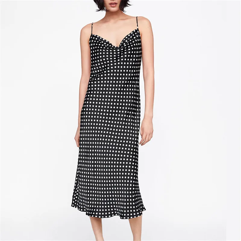 

2019 Fashion Spring and Summer New Dresses Long Dress Women Drape Fabric Slim Polka Dot Black Dress Elegant