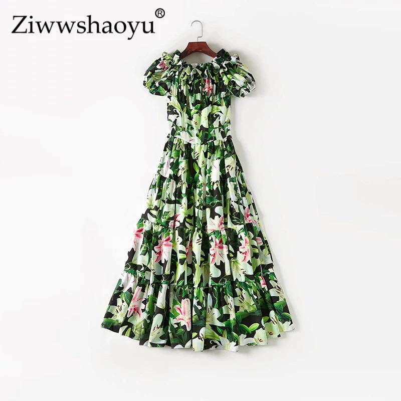 

Ziwwshaoyu Elegant Print dresses Slash neck Ruffles Puff Sleeve Vacation Big pendulum dress Summer new women's Custom 5XL