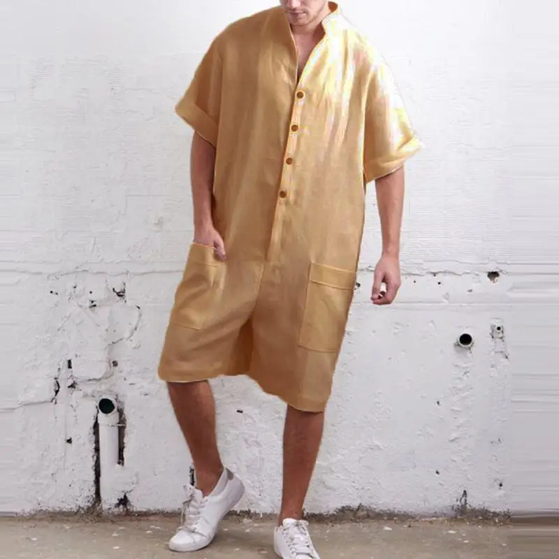 Laamei Casual Men Pants Rompers Solid Jumpsuit Leisure Button Loose Pockets Trousers Men Overalls Muslim Islamic Streetwear