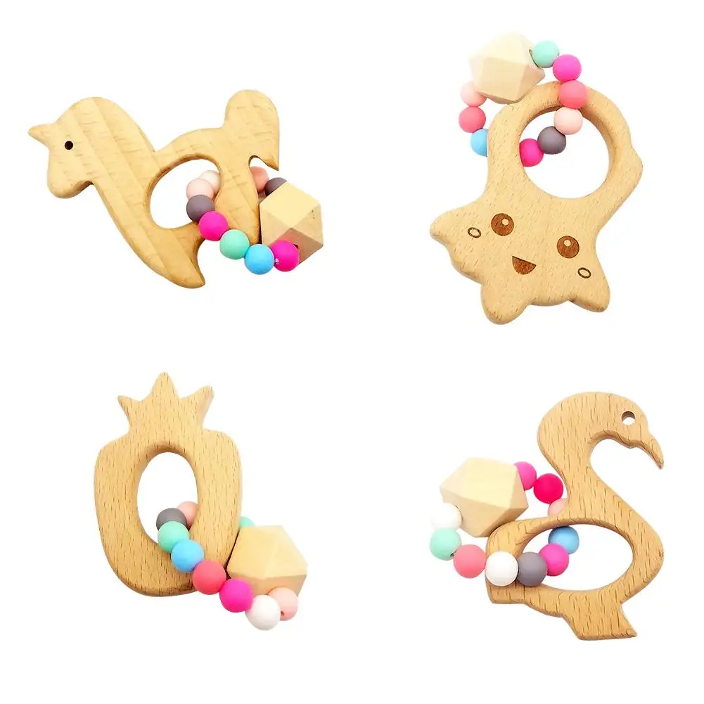 Natural Wood Teether Cartoon Animal Shape Wooden Baby Teether Toy Safe