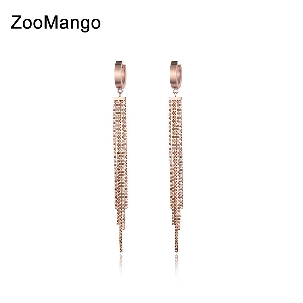 

ZooMango Creative Rose Gold Color Long Tassel Hoop Earrings Fashion Titanium Steel Anniversary Earrings For Party Women ZE17069