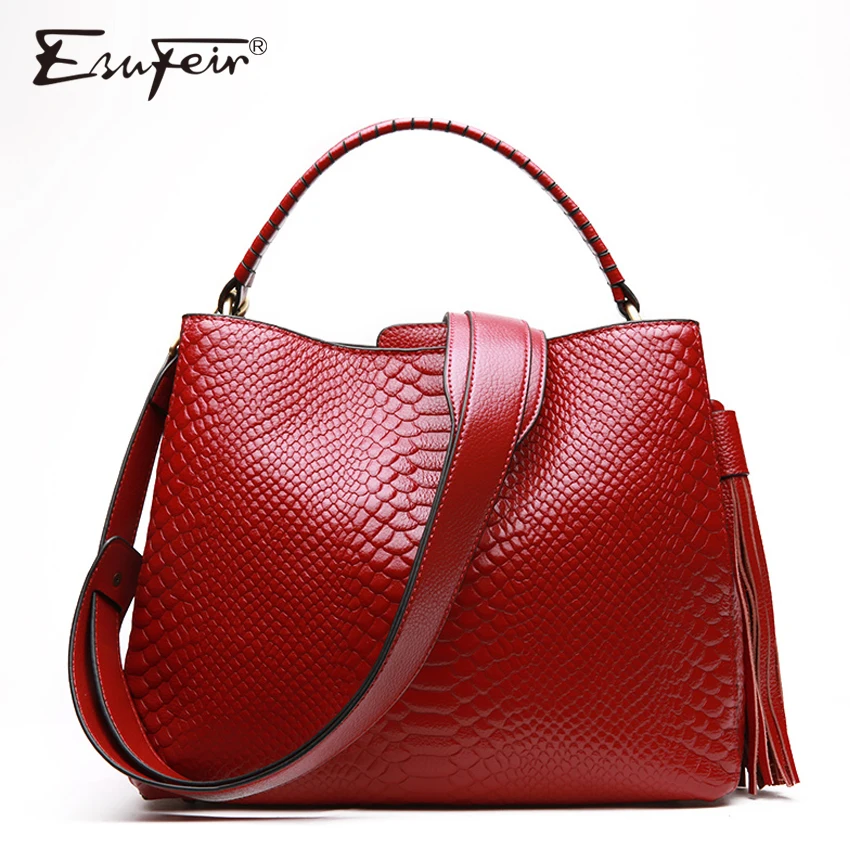 ESUFEIR Women Buckets Bag Genuine Leather Handbag For Women Serpentine Embossed Leather Shoulder Bag Casual Tote Crossbody Bags ESUFEIR Women Buckets Bag Genuine Leather Handbag For Women Serpentine Embossed Leather Shoulder Bag Casual Tote Crossbody Bags