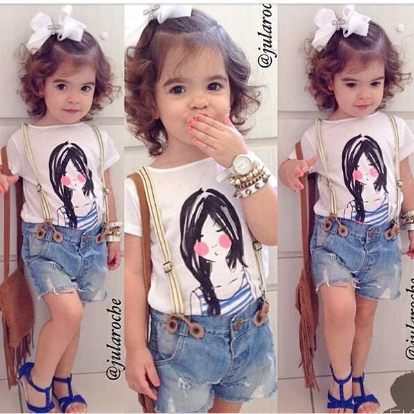 

Fashion Girls Summer Dress Toddlers Girls Suits Kids Top Shirt+Bib Pants Outfit Children Sets 2PCS Clothes Hot Sale