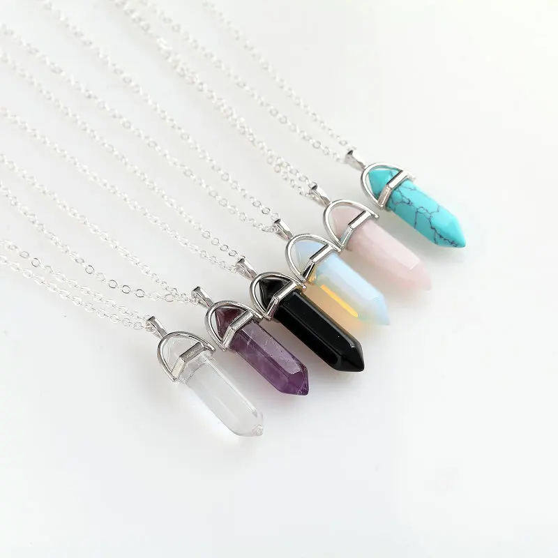 

Hexagonal Column Natural Crystal Tiger Eye turquoises pendentif amethyste Stone Pendant Chains Necklace For Women Jewelry