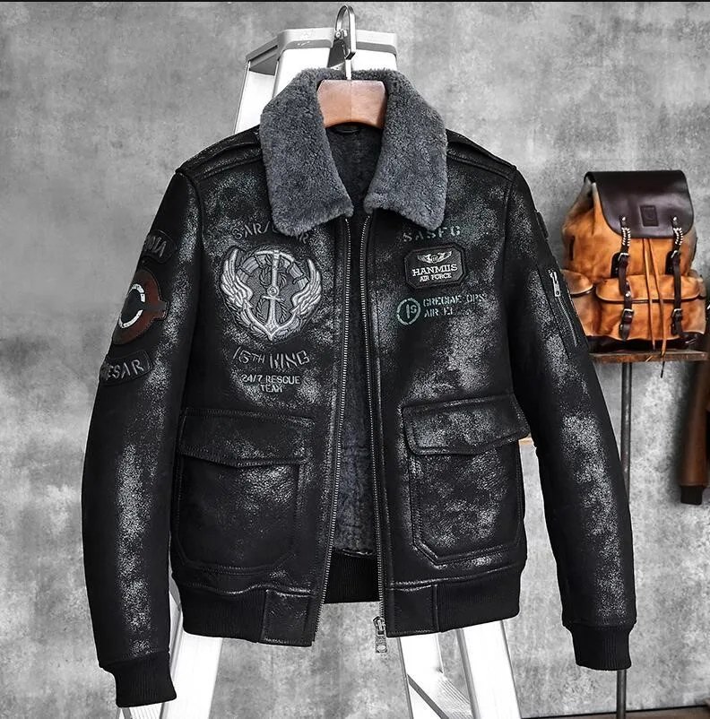 

B6 airborne soldier badge series New Leather Flight Jacket High quality Fur one Men Genuine Leather Jacket Embroidered Fur Coat