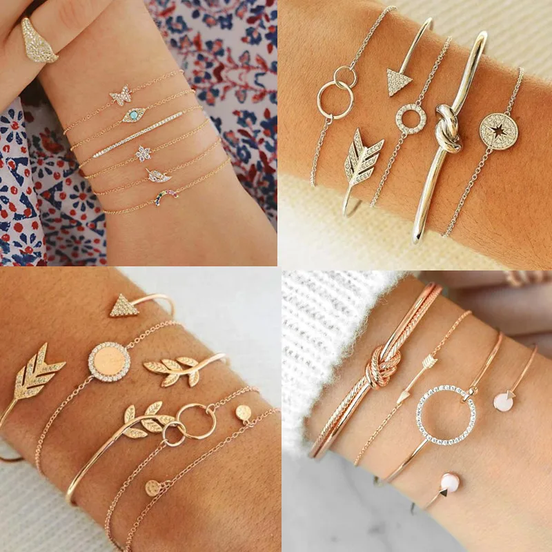 

DIEZI Punk Butterfly Eye Star Moon Leaves Crystal Gem Shiny Gold Multilayer Chain Bracelet Set Women Exquisite Party Jewelry