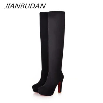 

JIANBUDAN 2017 New Women's Sexy Suede Knee-high Boots Sexy Thin High Heel Platform Boots Women's Shoes Black Blue Size 34-43